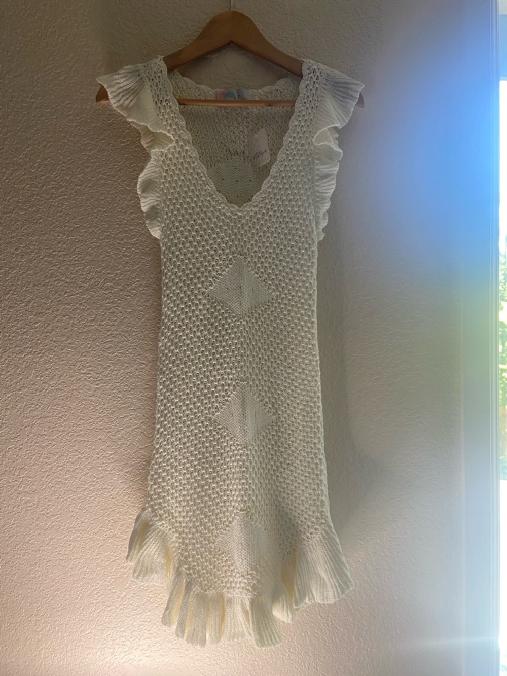 PP Beach Knit Crochet V-Neck White Swim Coverup Dress.